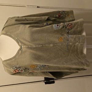 Caite Womens M Embroidered Floral V Neck Long Sleeve Pullover Top Boho